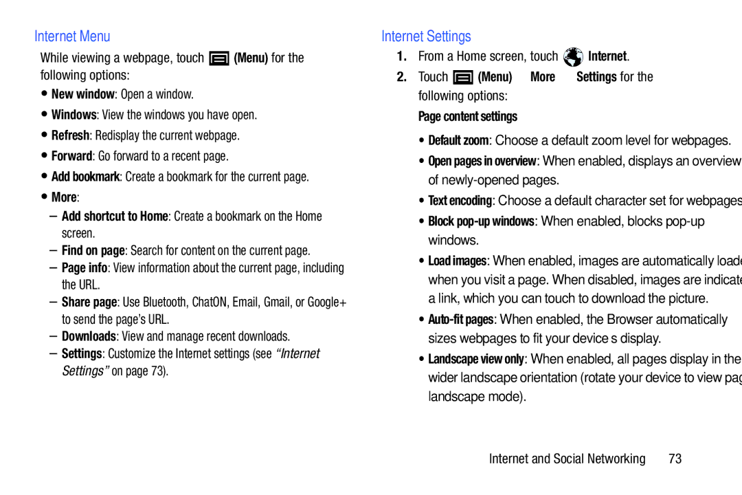 Samsung YP-GI1CB user manual Internet Menu, Internet Settings, Block pop-up windows When enabled, blocks pop-up windows 