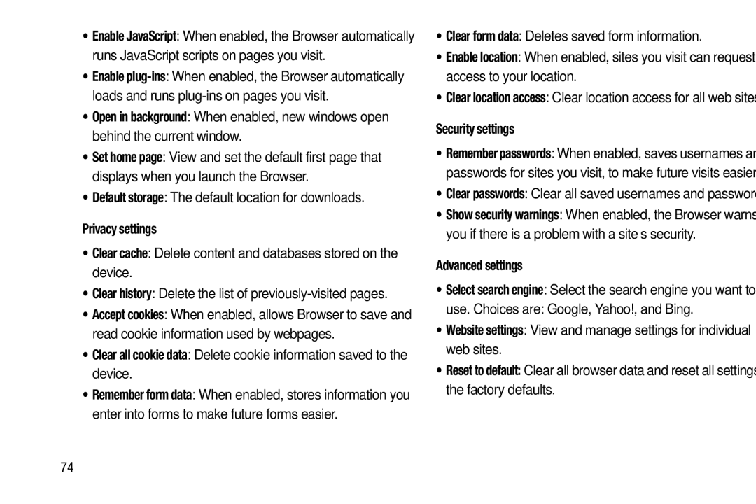 Samsung YP-GI1CB user manual Default storage The default location for downloads, Privacy settings, Security settings 