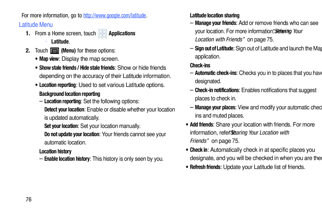 Samsung YP-GI1CB user manual Latitude Menu, Background location reporting, Location history, Latitude location sharing 