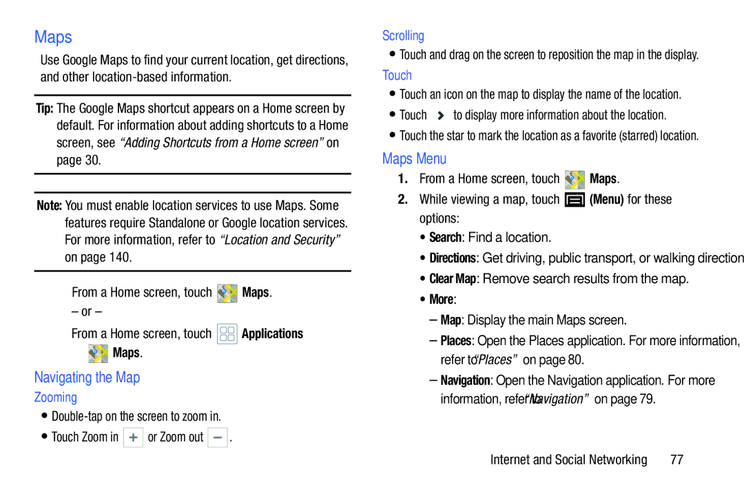 Samsung YP-GI1CB user manual Navigating the Map, Maps Menu, Zooming, Scrolling 