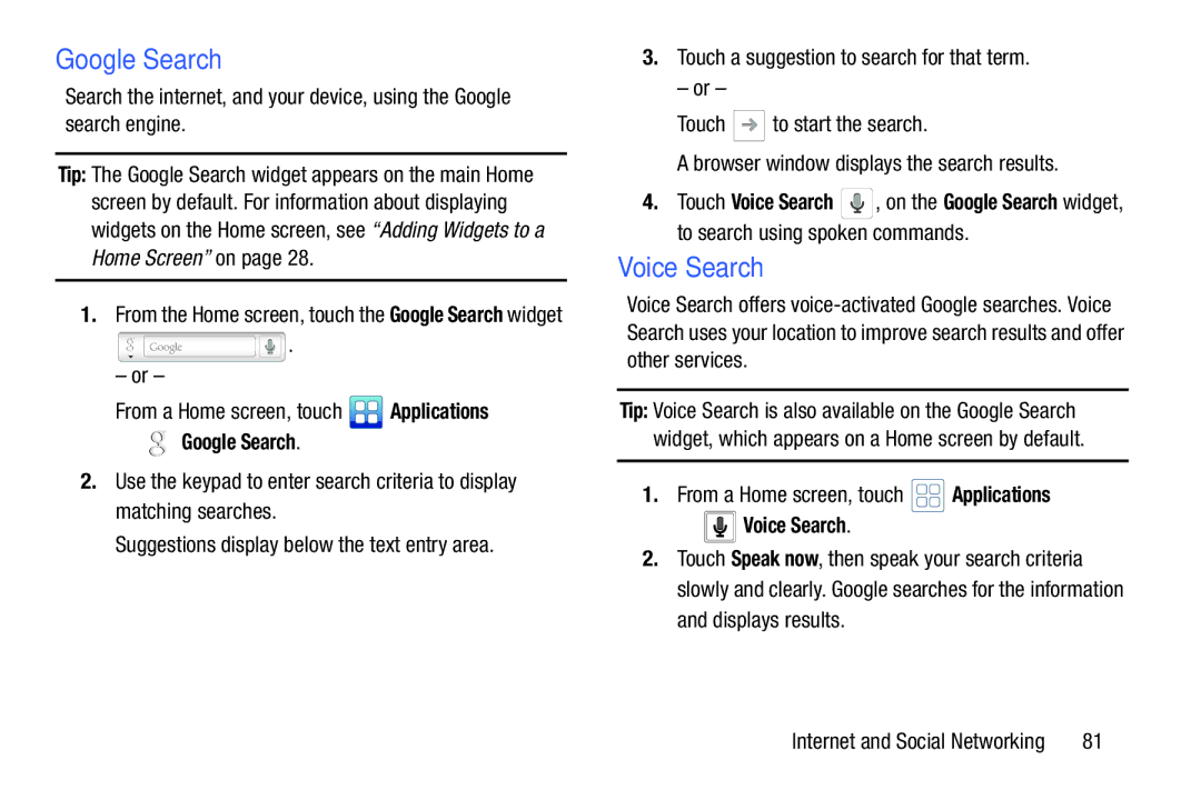 Samsung YP-GI1CB user manual Google Search, Voice Search 