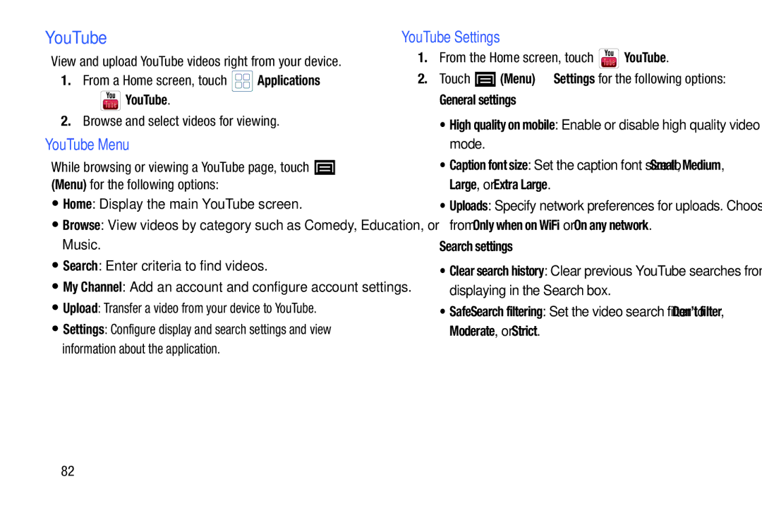 Samsung YP-GI1CB user manual YouTube Menu, YouTube Settings, Search settings 