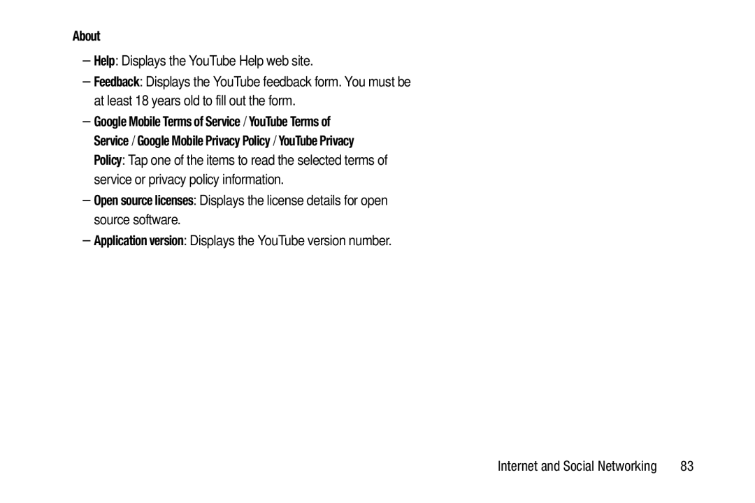 Samsung YP-GI1CB About, Help Displays the YouTube Help web site, Application version Displays the YouTube version number 