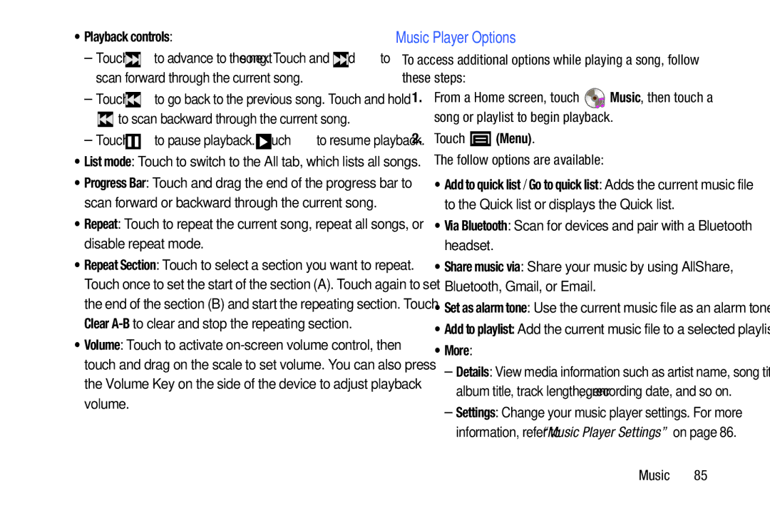 Samsung YP-GI1CB user manual Music Player Options, Playback controls, Touch Menu Follow options are available 