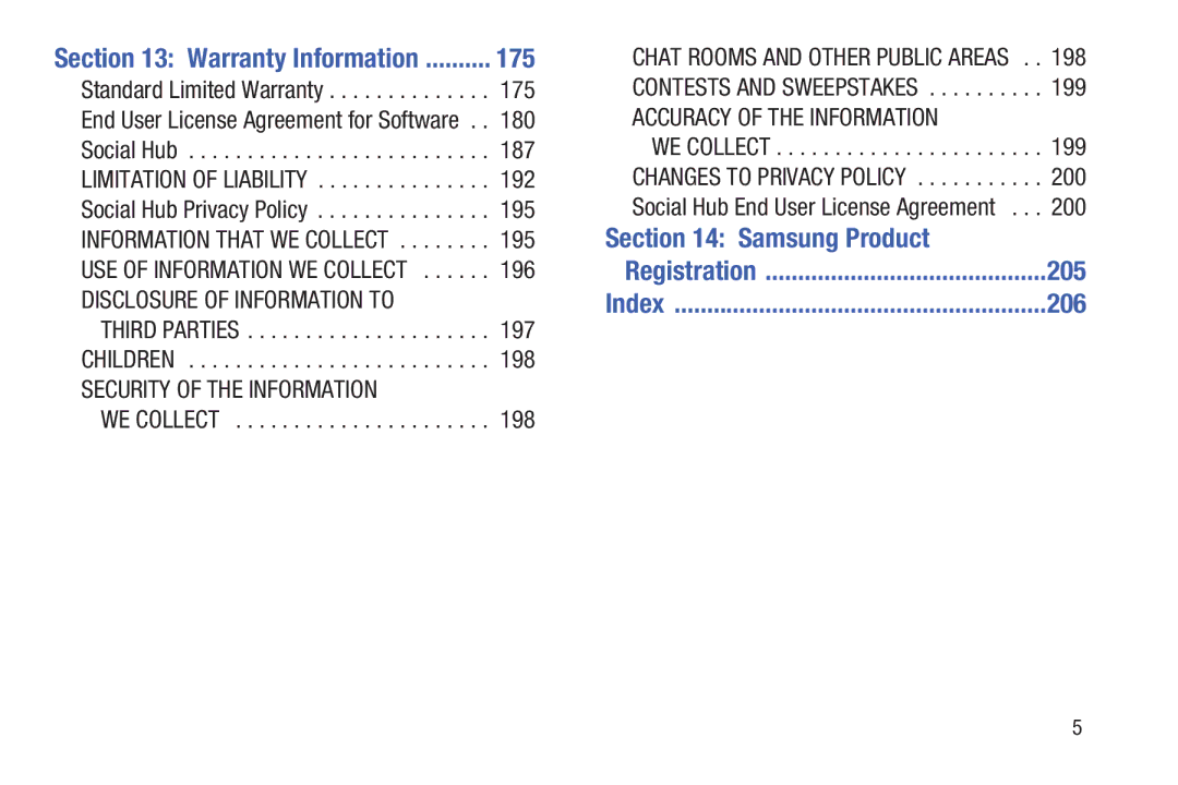 Samsung YP-GI1CB user manual 175, Warranty Information, 205, 206 