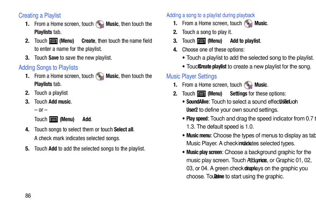 Samsung YP-GI1CB user manual Creating a Playlist, Adding Songs to Playlists, Music Player Settings 