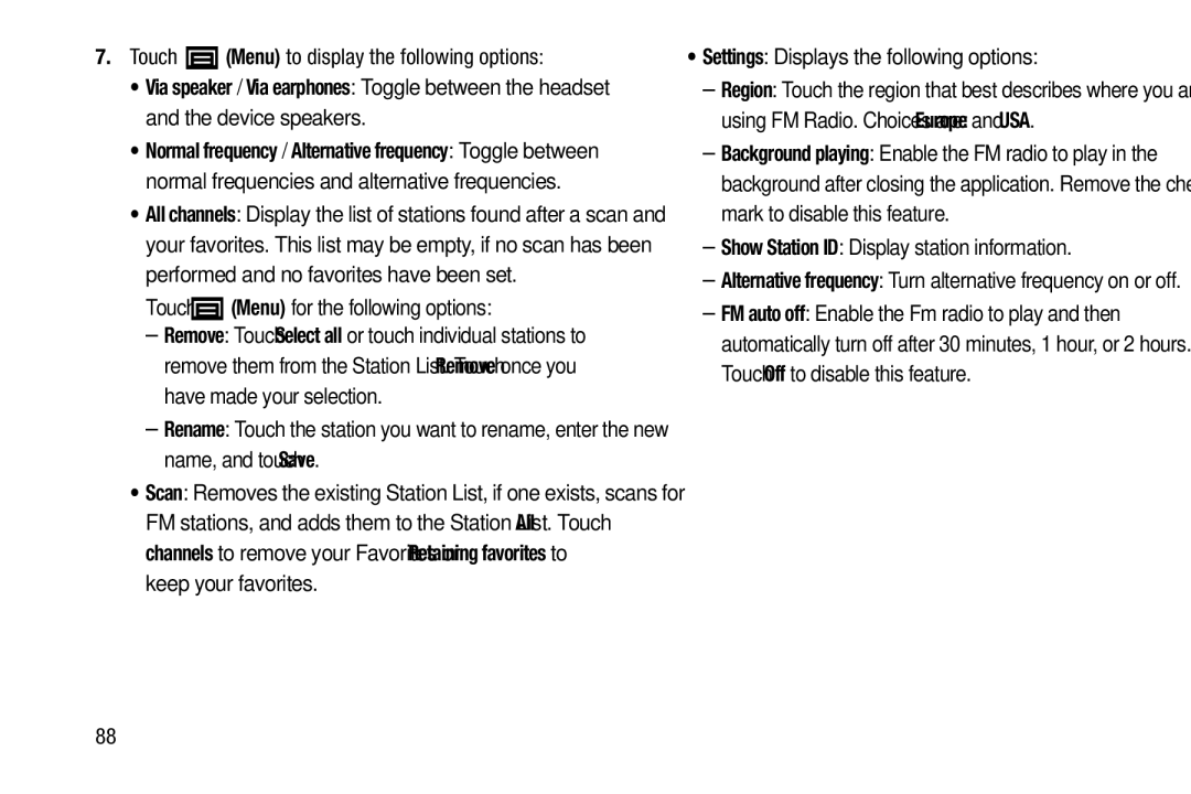 Samsung YP-GI1CB user manual Touch Menu for the following options, Settings Displays the following options 