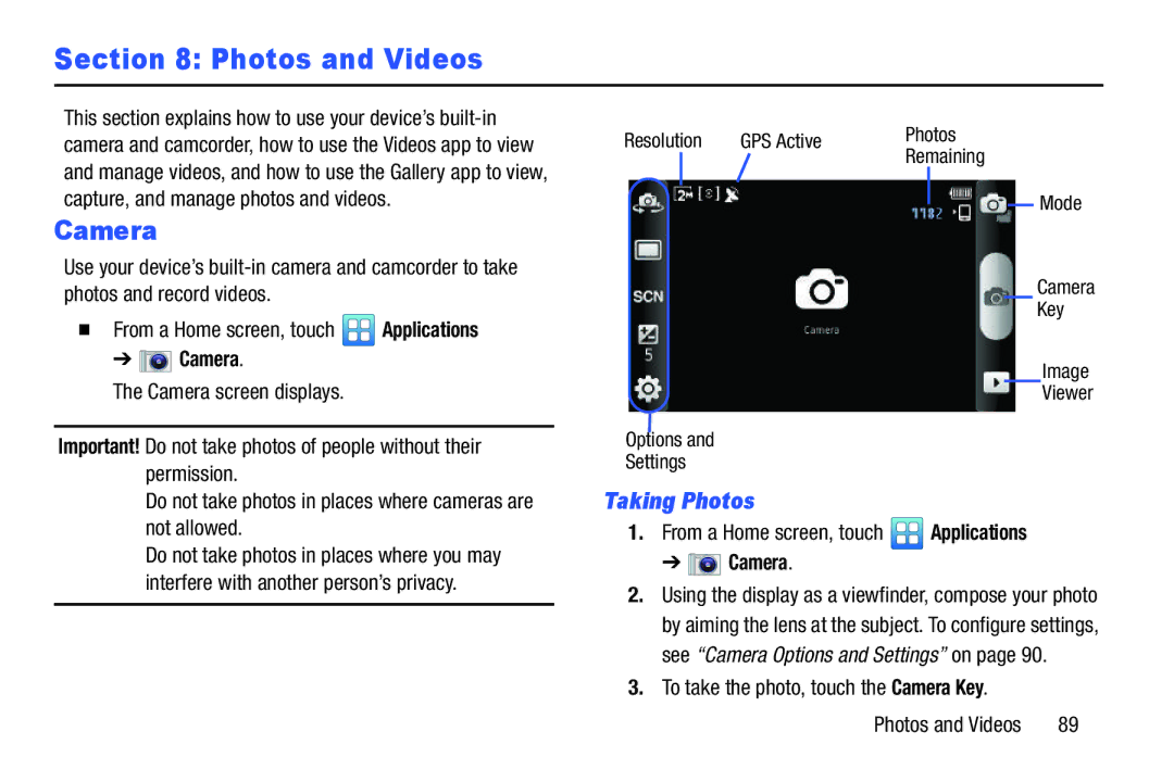 Samsung YP-GI1CB user manual Photos and Videos, Taking Photos, To take the photo, touch the Camera Key 