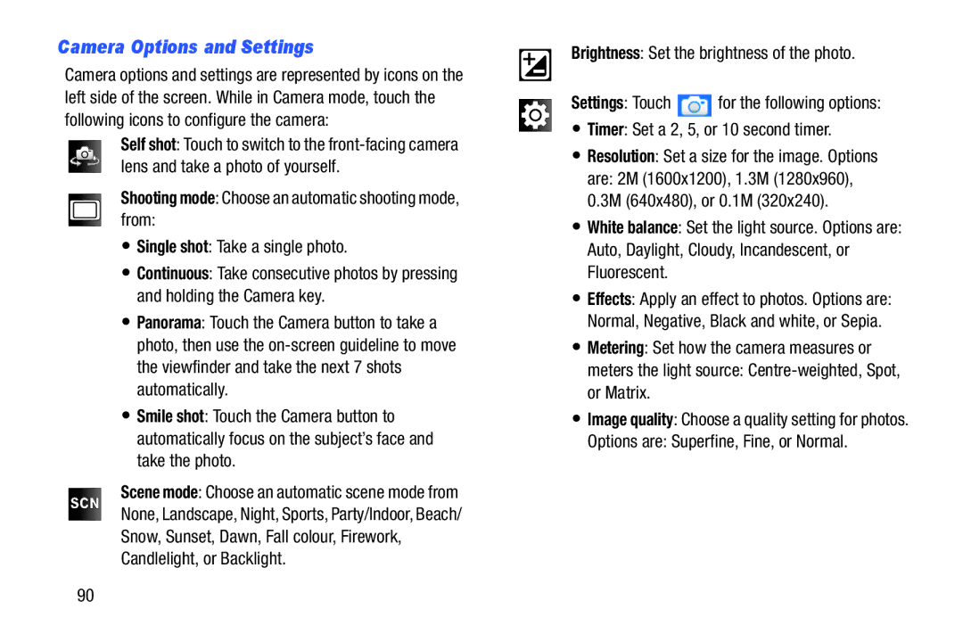 Samsung YP-GI1CB user manual Camera Options and Settings, Candlelight, or Backlight, Options are Superfine, Fine, or Normal 