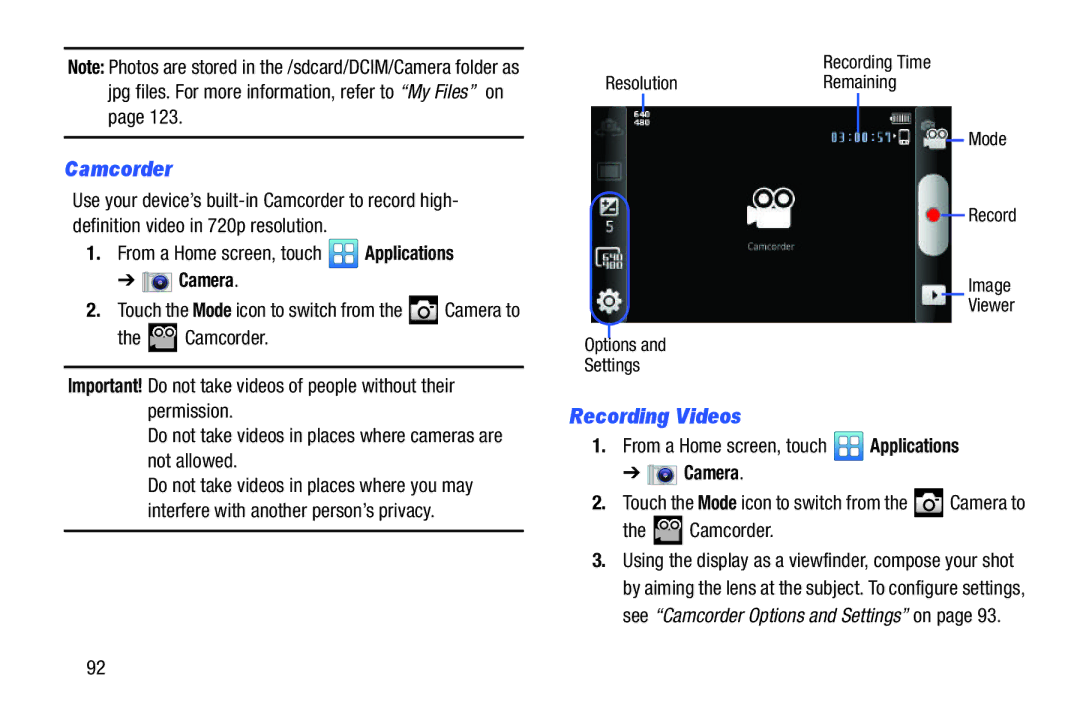 Samsung YP-GI1CB user manual Camcorder, Recording Videos 