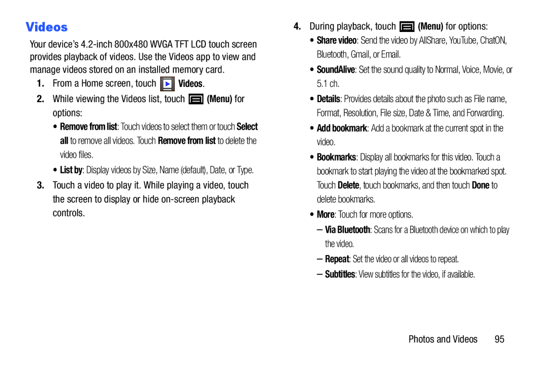 Samsung YP-GI1CB user manual Videos, Add bookmark Add a bookmark at the current spot in the video 