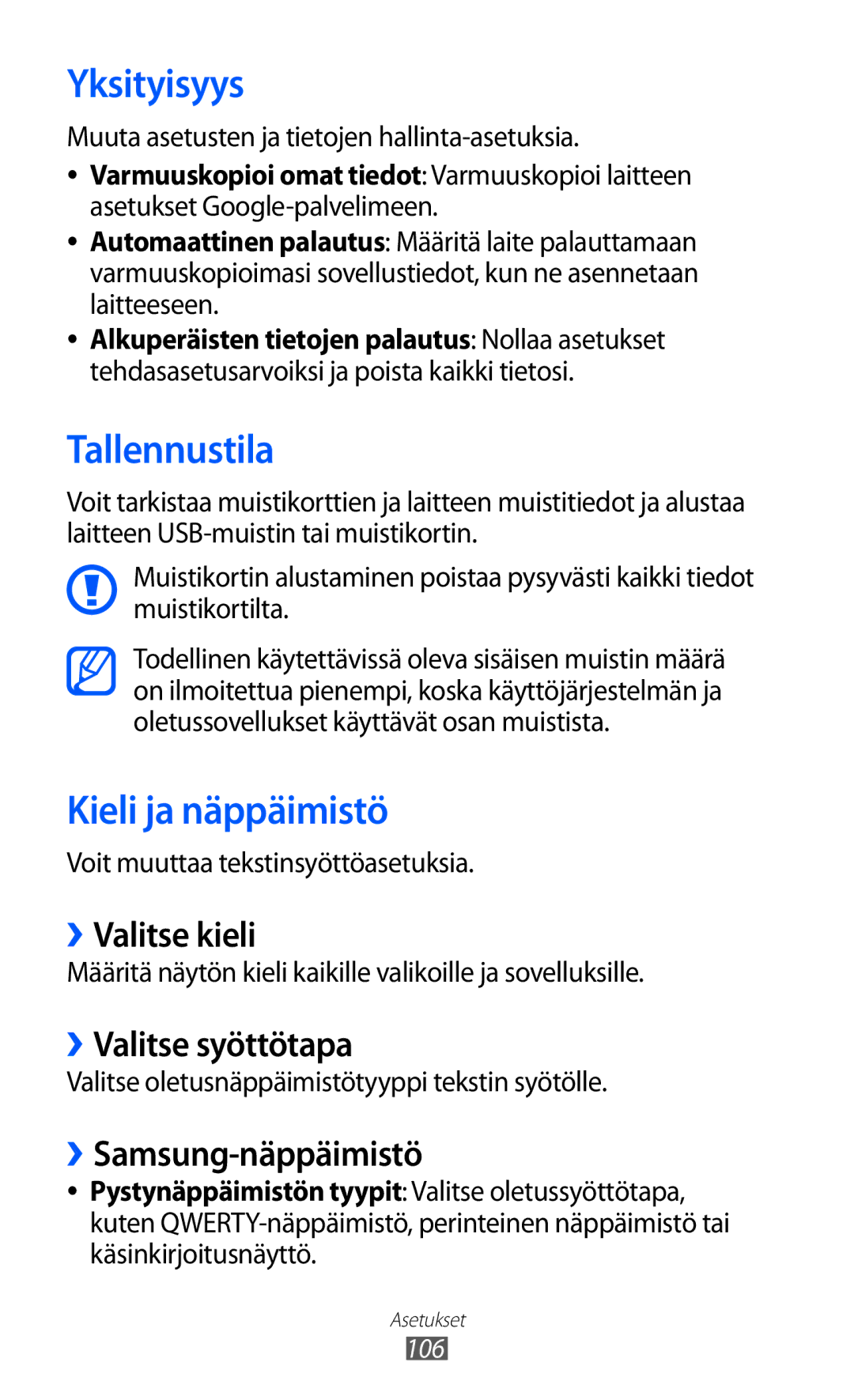 Samsung YP-GI1CW/NEE manual Yksityisyys, Tallennustila, Kieli ja näppäimistö 