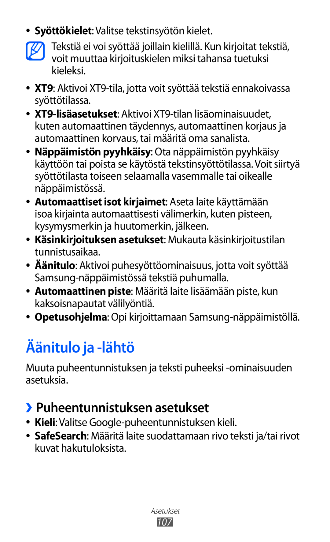 Samsung YP-GI1CW/NEE manual Äänitulo ja -lähtö, ››Puheentunnistuksen asetukset 