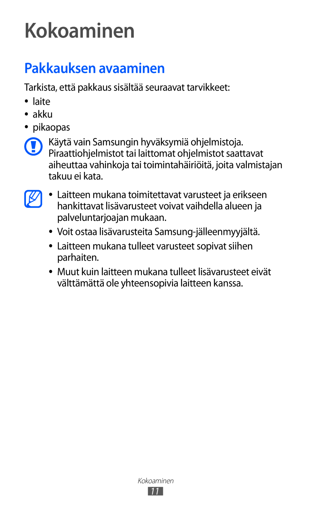 Samsung YP-GI1CW/NEE manual Kokoaminen, Pakkauksen avaaminen 