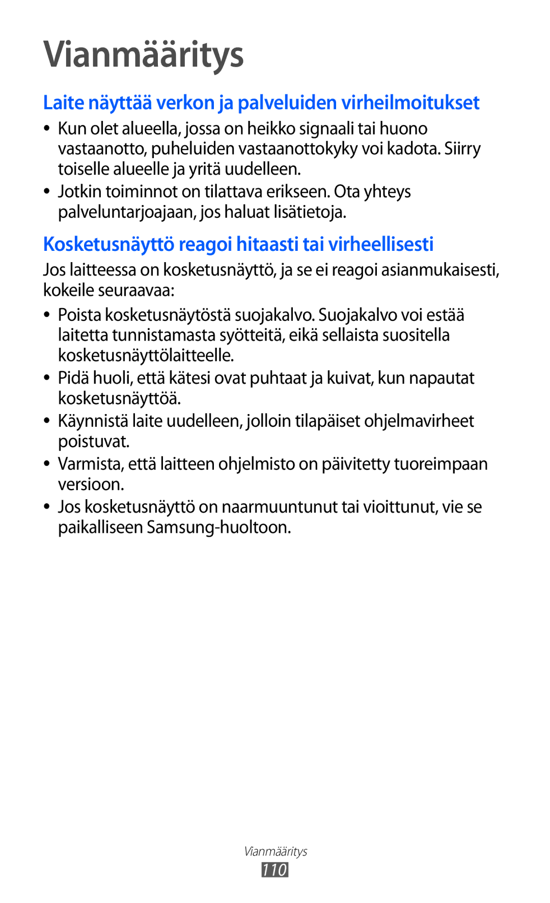 Samsung YP-GI1CW/NEE manual Vianmääritys, Laite näyttää verkon ja palveluiden virheilmoitukset 