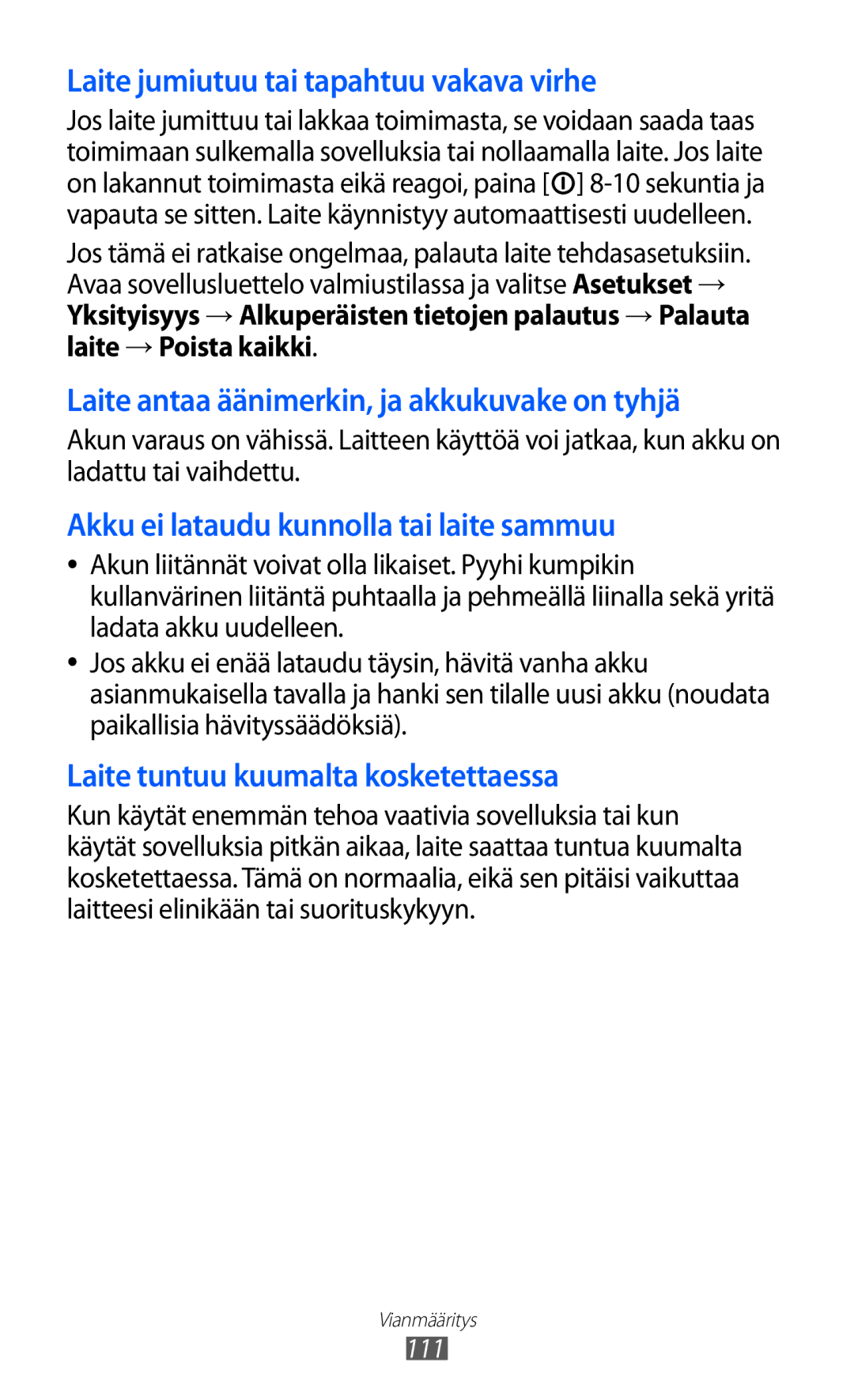 Samsung YP-GI1CW/NEE manual Laite antaa äänimerkin, ja akkukuvake on tyhjä 