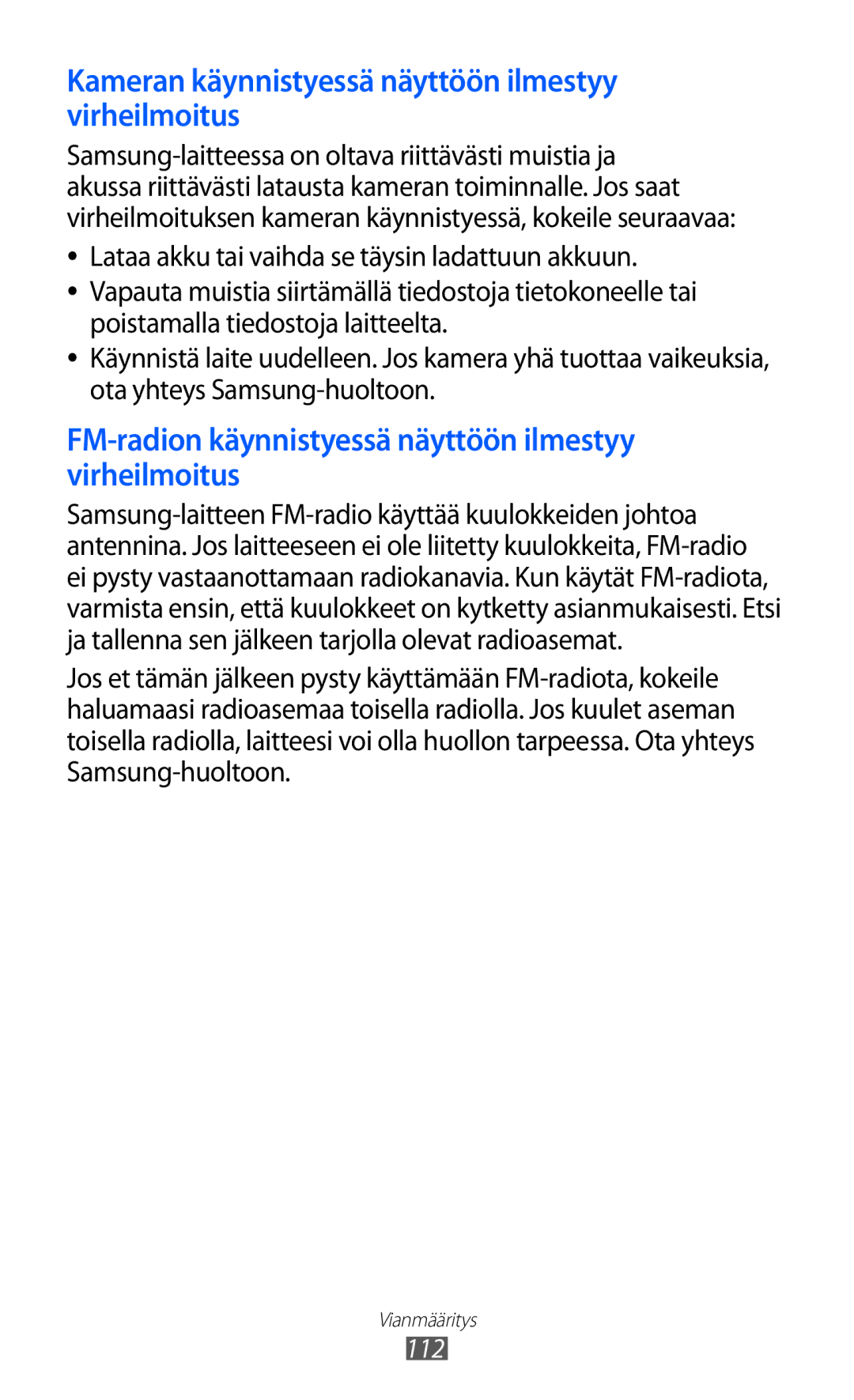 Samsung YP-GI1CW/NEE manual Kameran käynnistyessä näyttöön ilmestyy virheilmoitus 