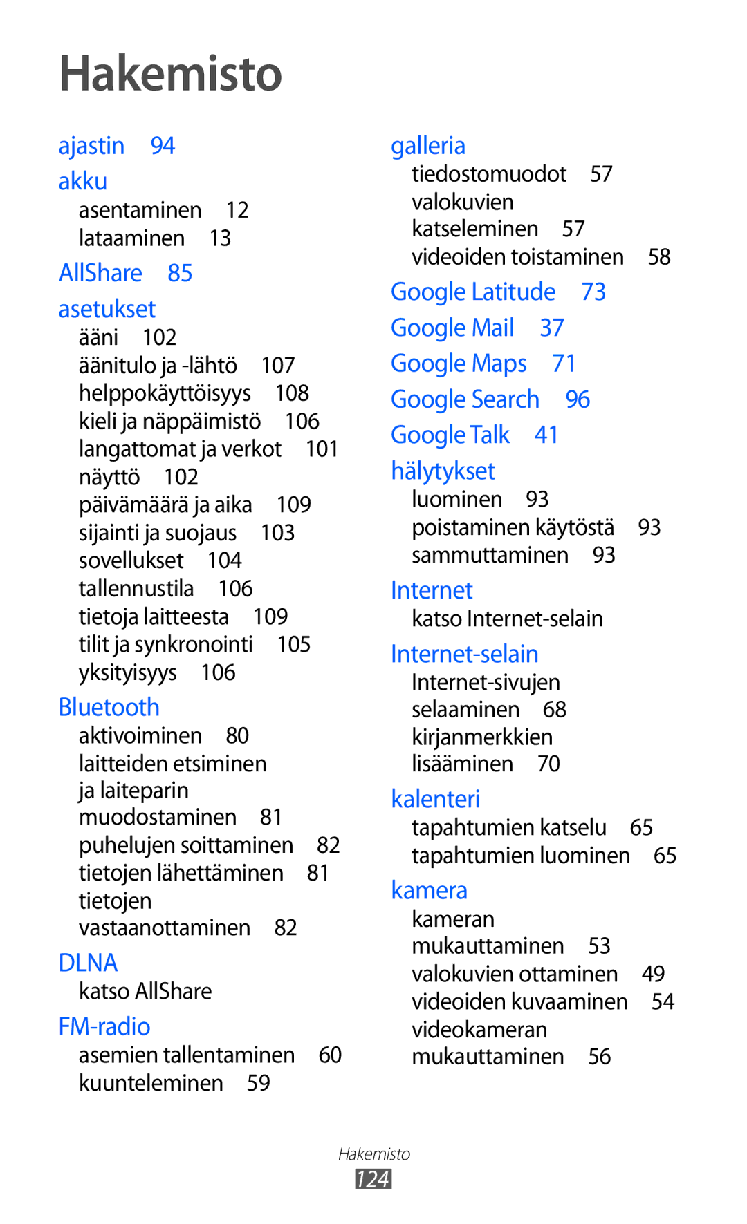 Samsung YP-GI1CW/NEE manual Hakemisto, Ajastin 94 akku 