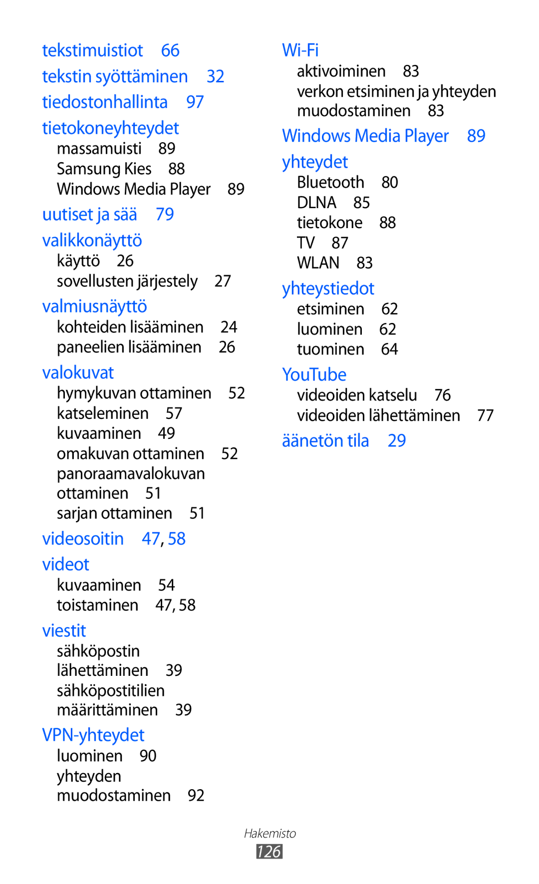 Samsung YP-GI1CW/NEE manual Valikkonäyttö 