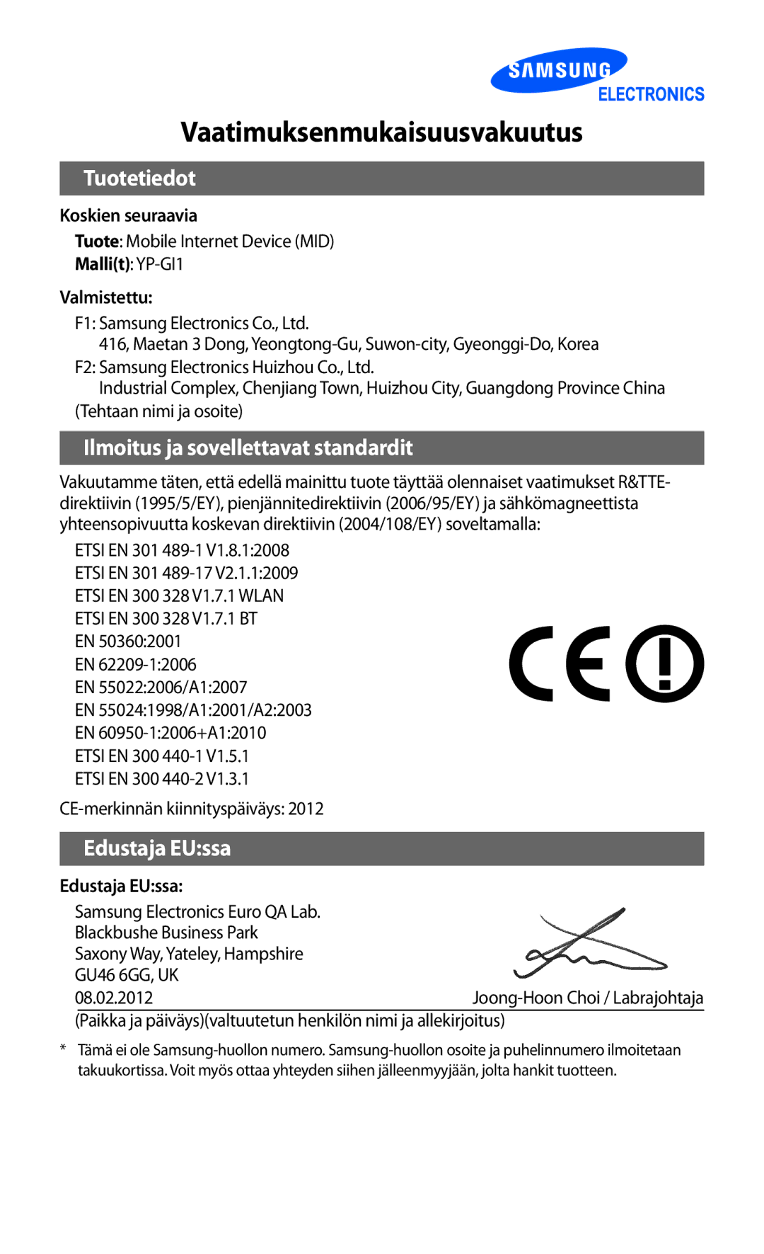 Samsung YP-GI1CW/NEE manual Vaatimuksenmukaisuusvakuutus 