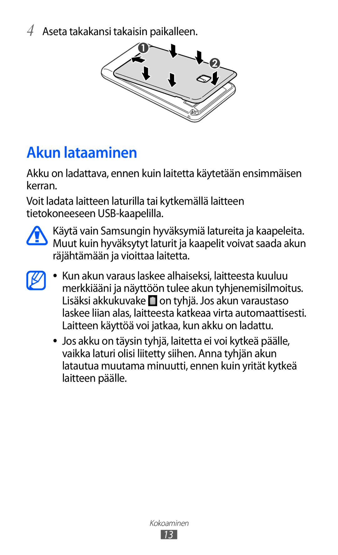 Samsung YP-GI1CW/NEE manual Akun lataaminen, Aseta takakansi takaisin paikalleen 