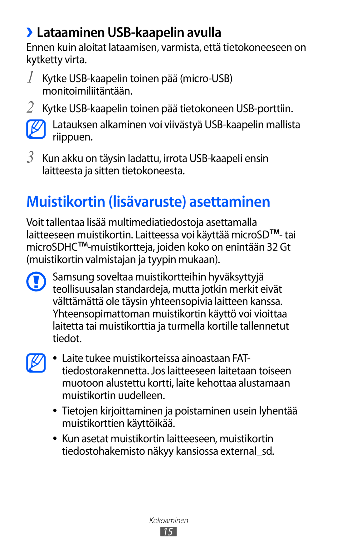 Samsung YP-GI1CW/NEE manual Muistikortin lisävaruste asettaminen, ››Lataaminen USB-kaapelin avulla 