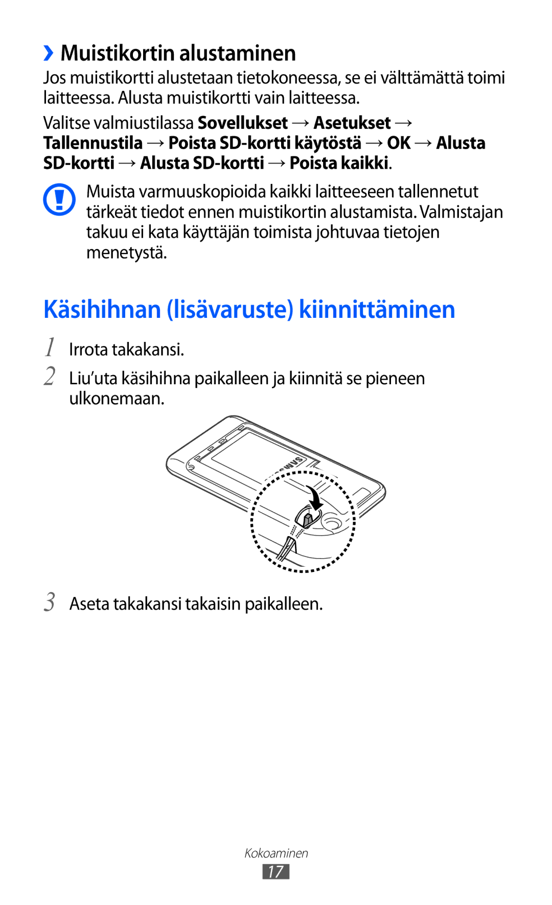 Samsung YP-GI1CW/NEE manual Käsihihnan lisävaruste kiinnittäminen, ››Muistikortin alustaminen 