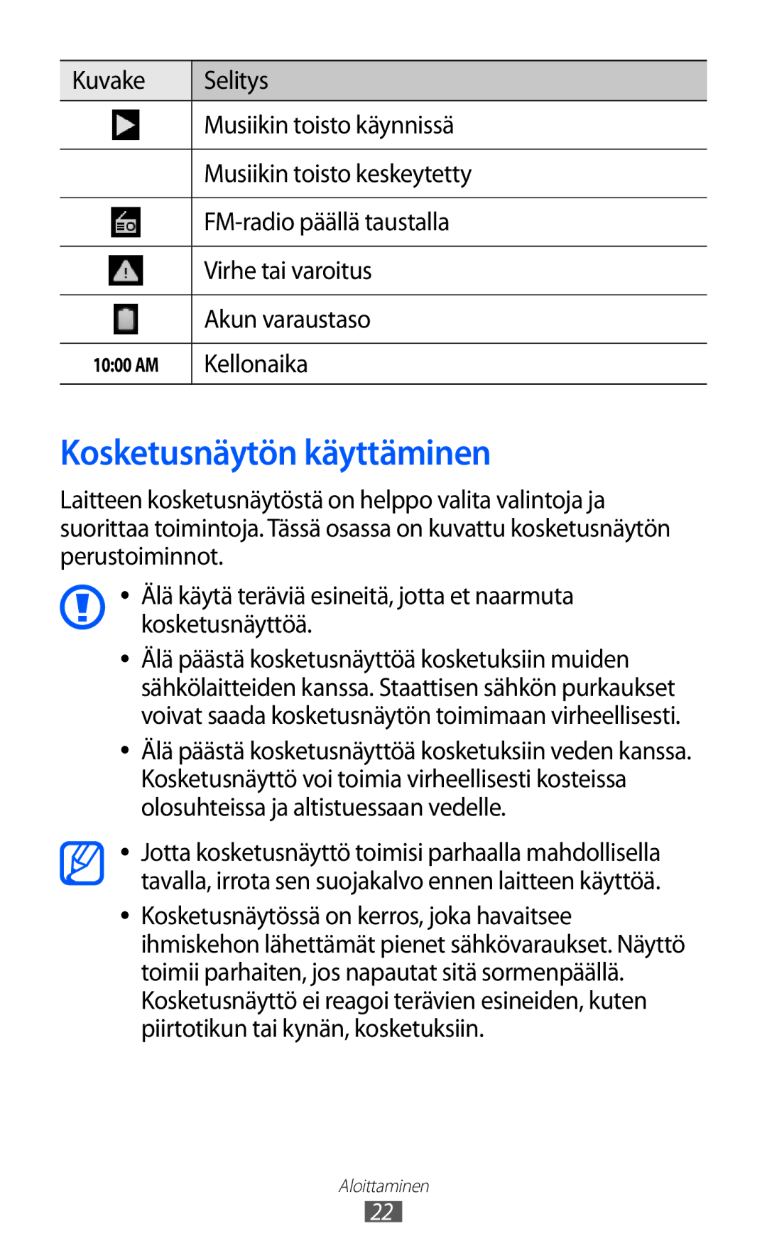 Samsung YP-GI1CW/NEE manual Kosketusnäytön käyttäminen, Kellonaika 