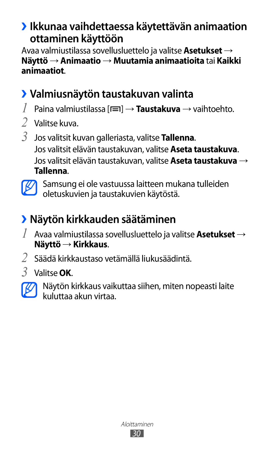 Samsung YP-GI1CW/NEE manual ››Valmiusnäytön taustakuvan valinta, ››Näytön kirkkauden säätäminen, Näyttö → Kirkkaus 