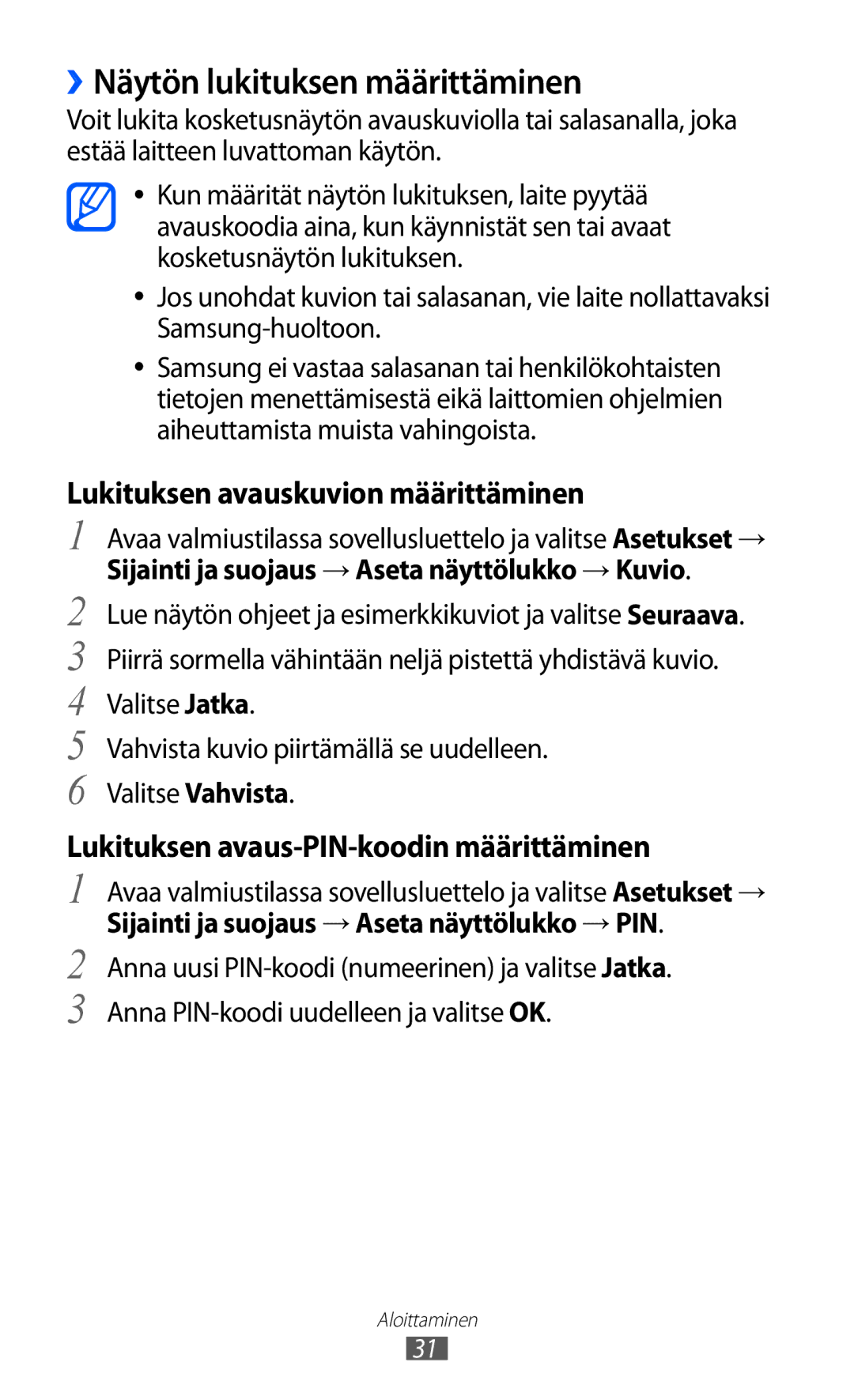 Samsung YP-GI1CW/NEE manual ››Näytön lukituksen määrittäminen, Lukituksen avauskuvion määrittäminen 