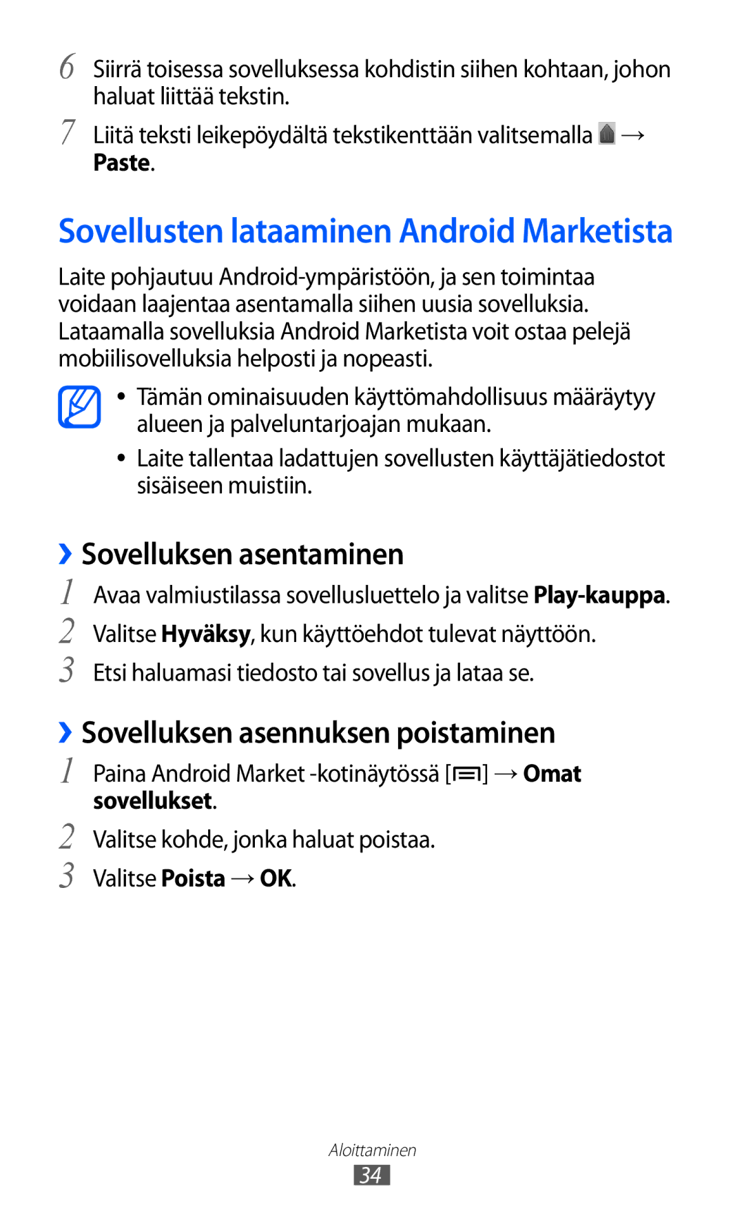 Samsung YP-GI1CW/NEE manual ››Sovelluksen asentaminen, ››Sovelluksen asennuksen poistaminen, Paste 