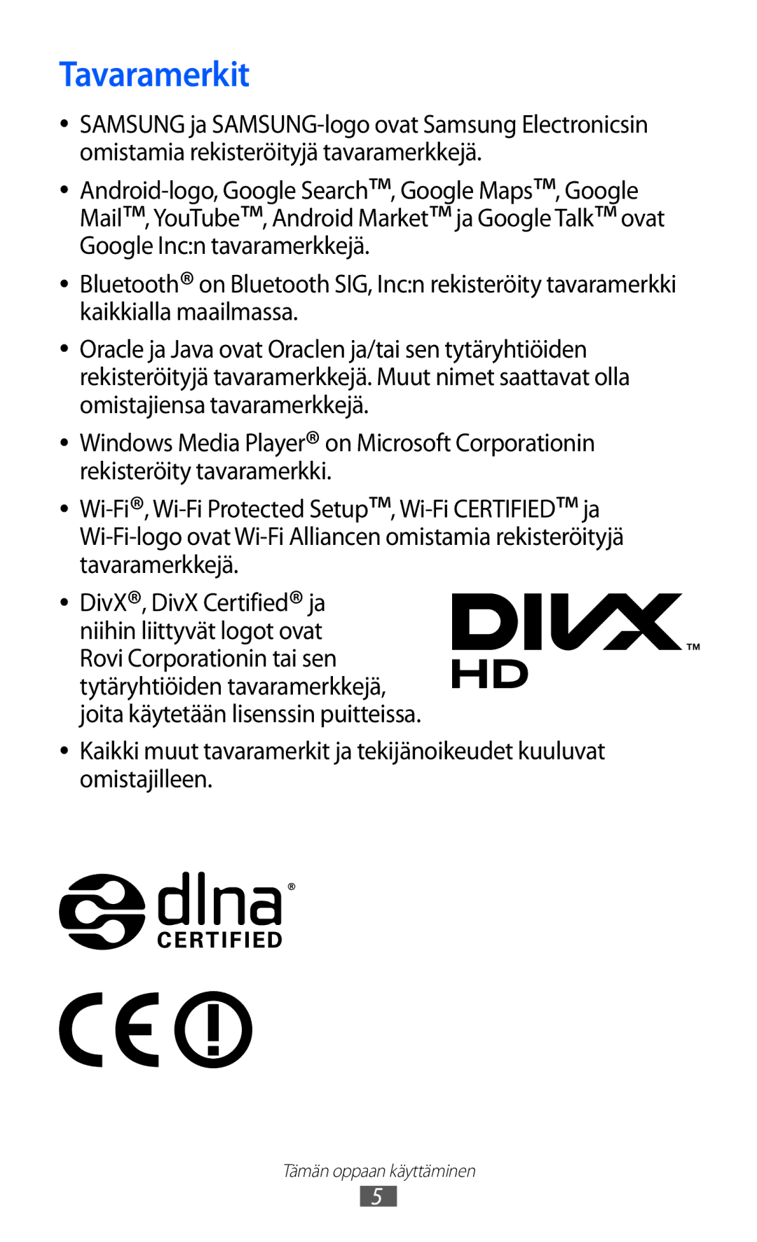 Samsung YP-GI1CW/NEE manual Tavaramerkit 