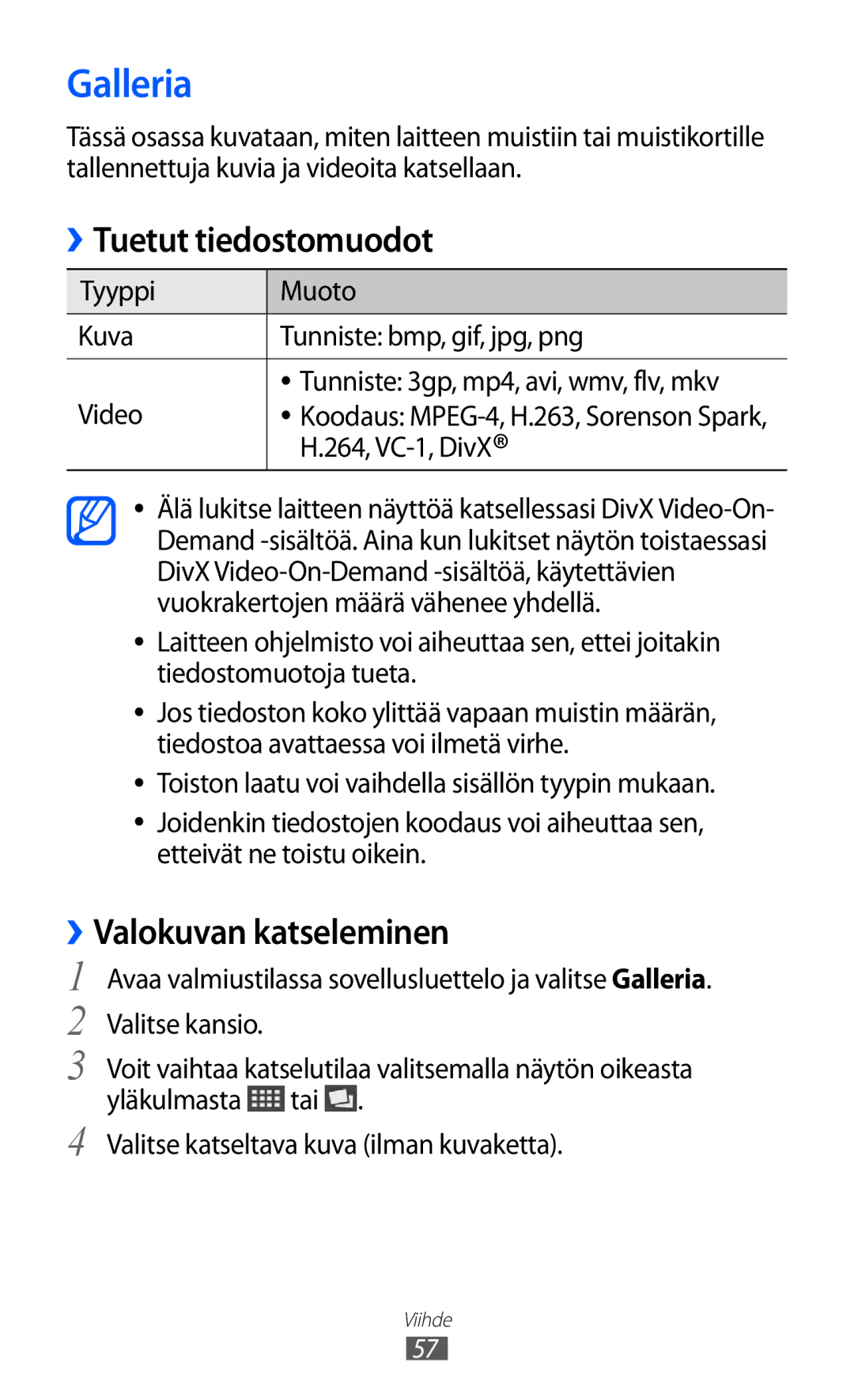 Samsung YP-GI1CW/NEE manual Galleria, Tuetut tiedostomuodot, ››Valokuvan katseleminen, 264, VC-1, DivX 