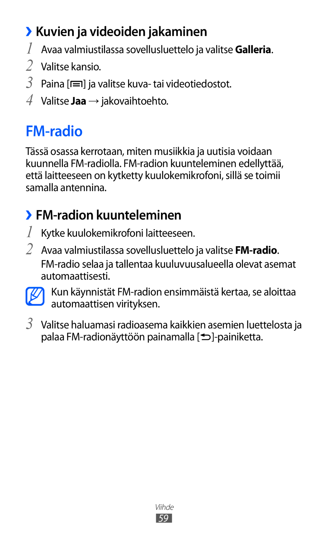 Samsung YP-GI1CW/NEE manual ››Kuvien ja videoiden jakaminen, ››FM-radion kuunteleminen 