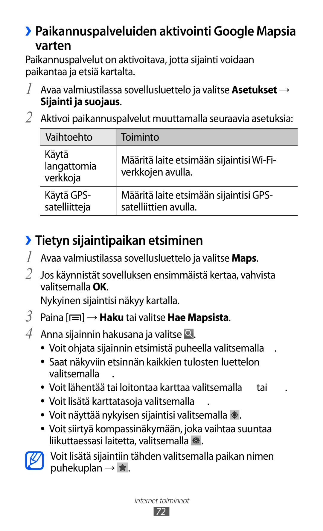 Samsung YP-GI1CW/NEE manual ››Paikannuspalveluiden aktivointi Google Mapsia varten, ››Tietyn sijaintipaikan etsiminen 