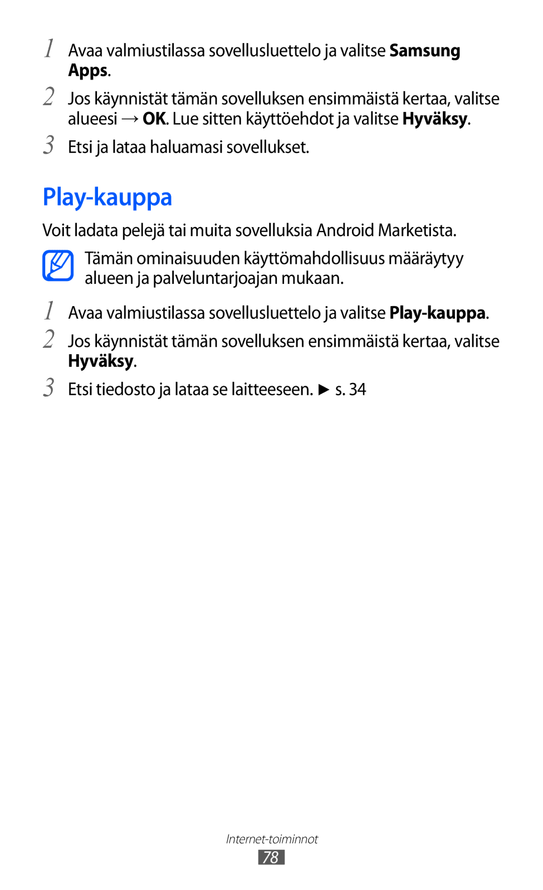 Samsung YP-GI1CW/NEE manual Play-kauppa, Etsi ja lataa haluamasi sovellukset 