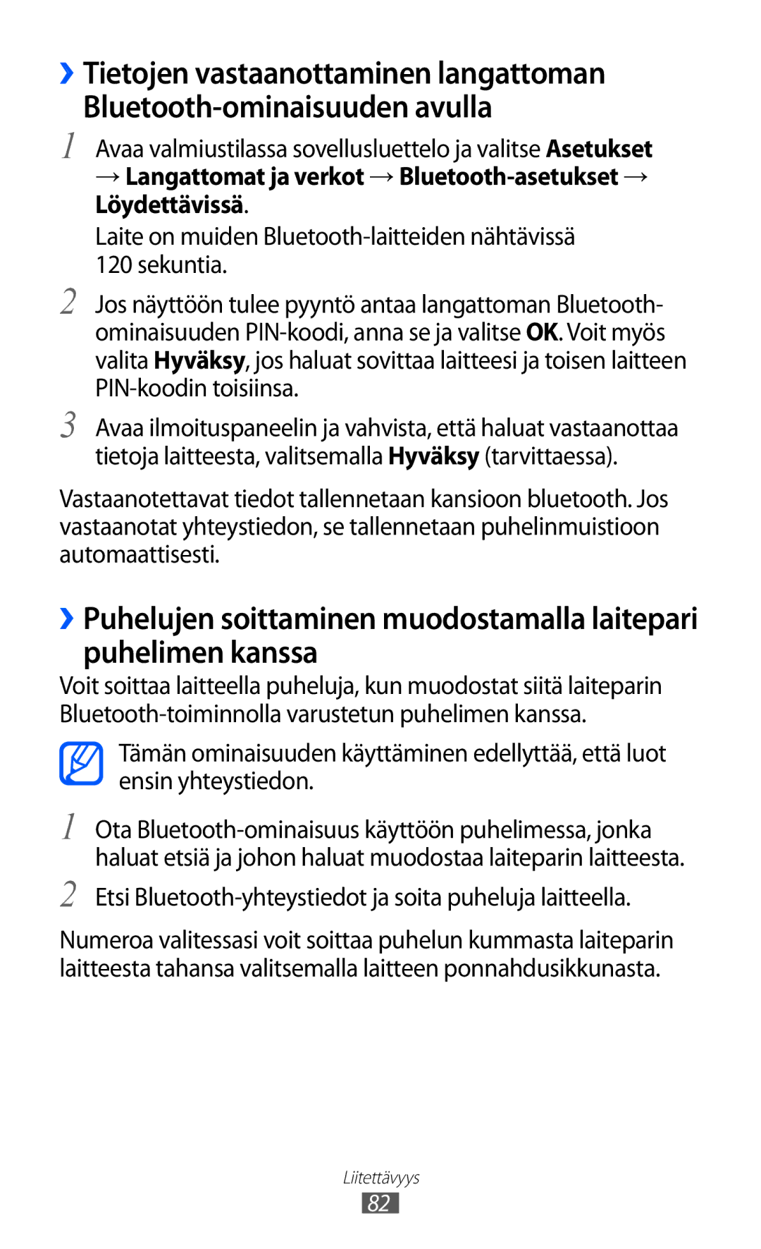 Samsung YP-GI1CW/NEE manual Laite on muiden Bluetooth-laitteiden nähtävissä 120 sekuntia 