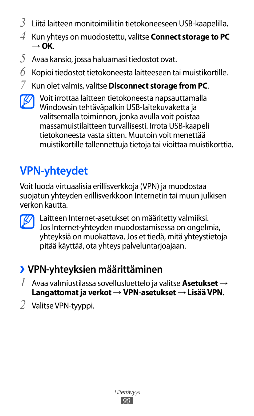 Samsung YP-GI1CW/NEE manual VPN-yhteydet, ››VPN-yhteyksien määrittäminen, Langattomat ja verkot → VPN-asetukset → Lisää VPN 