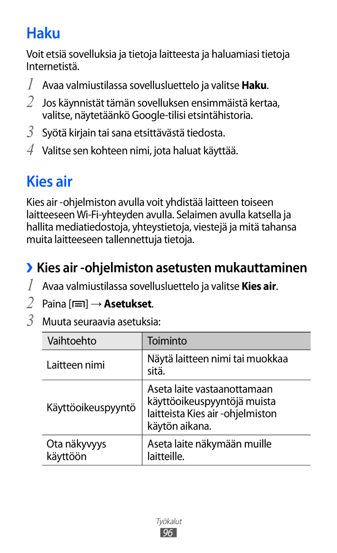 Samsung YP-GI1CW/NEE manual Haku, Käyttöoikeuspyyntöjä muista, Laitteista Kies air -ohjelmiston, Käytön aikana 