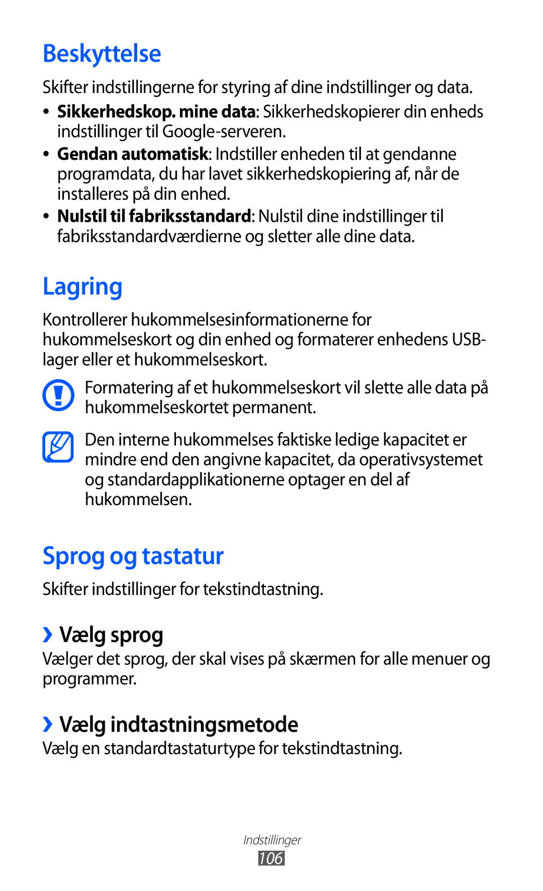 Samsung YP-GI1CW/NEE manual Beskyttelse, Lagring, Sprog og tastatur, ››Vælg sprog, ››Vælg indtastningsmetode 