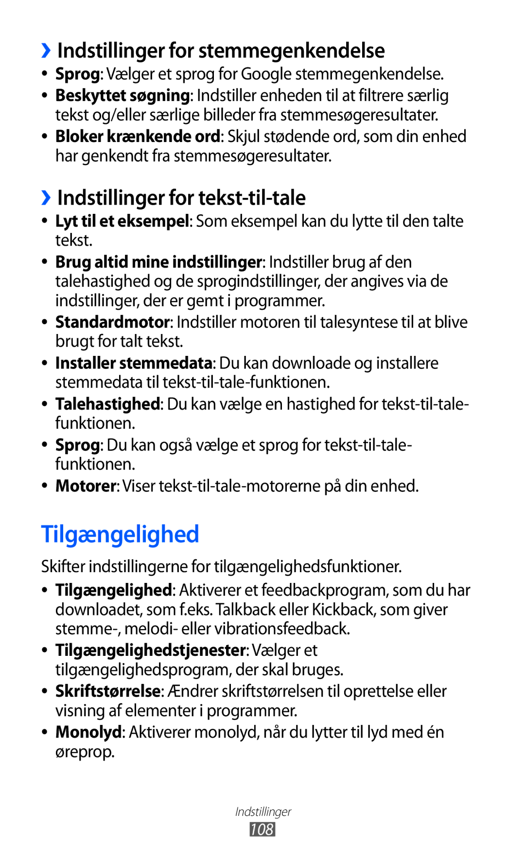 Samsung YP-GI1CW/NEE manual Tilgængelighed, ››Indstillinger for stemmegenkendelse, ››Indstillinger for tekst-til-tale 