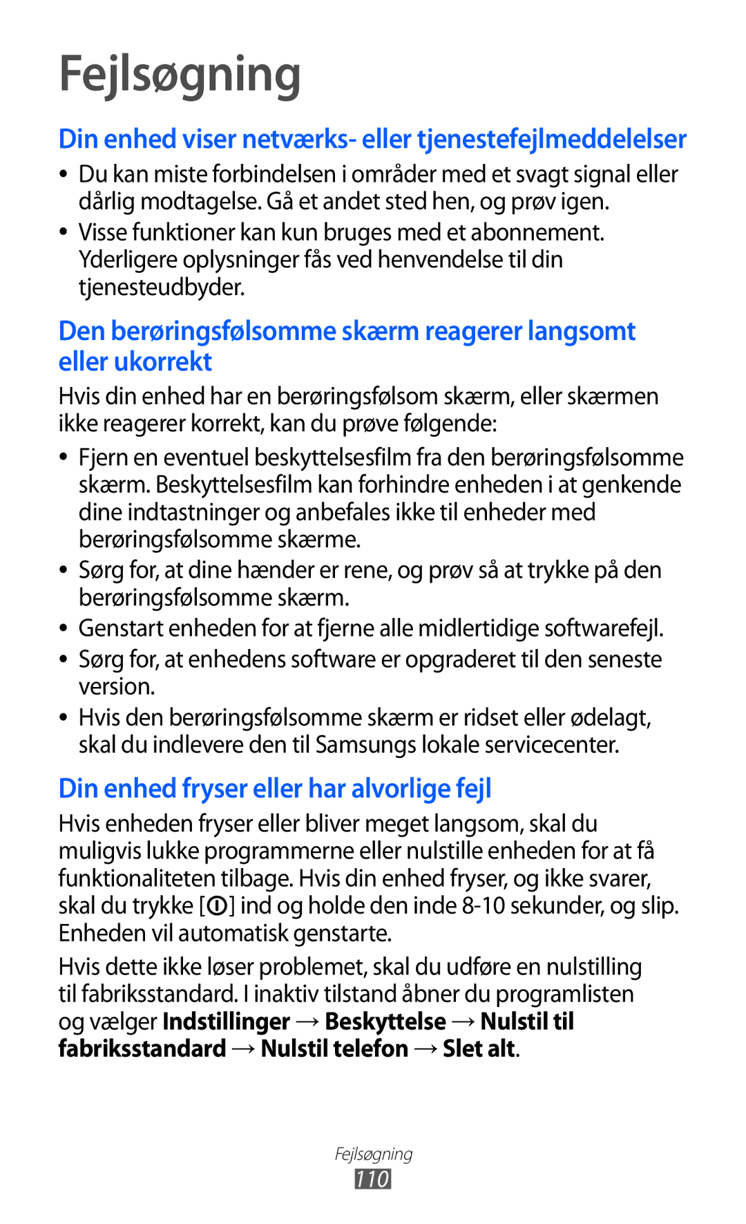 Samsung YP-GI1CW/NEE manual Fejlsøgning, Din enhed viser netværks- eller tjenestefejlmeddelelser 