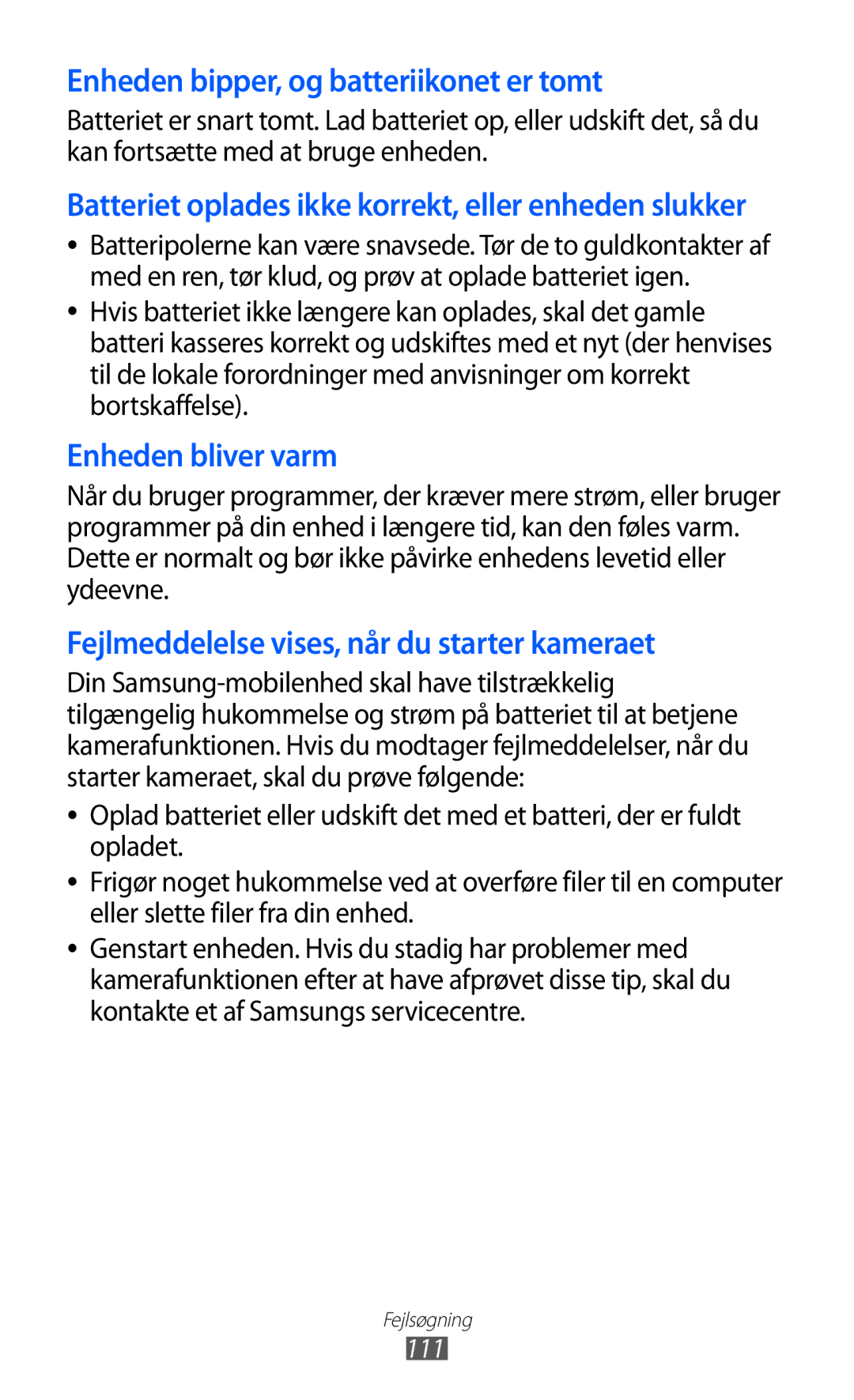 Samsung YP-GI1CW/NEE manual Enheden bipper, og batteriikonet er tomt 