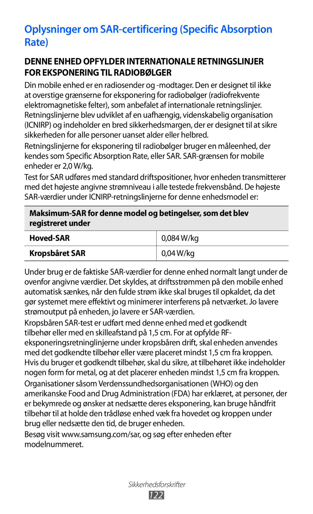 Samsung YP-GI1CW/NEE manual Oplysninger om SAR-certificering Specific Absorption Rate 