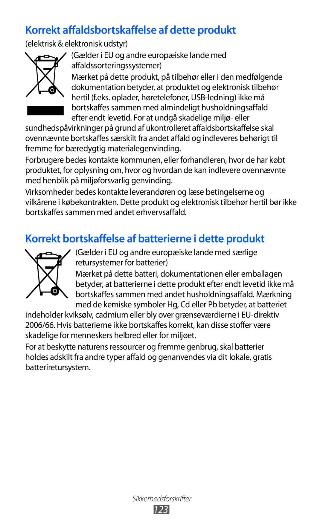 Samsung YP-GI1CW/NEE manual Korrekt affaldsbortskaffelse af dette produkt 