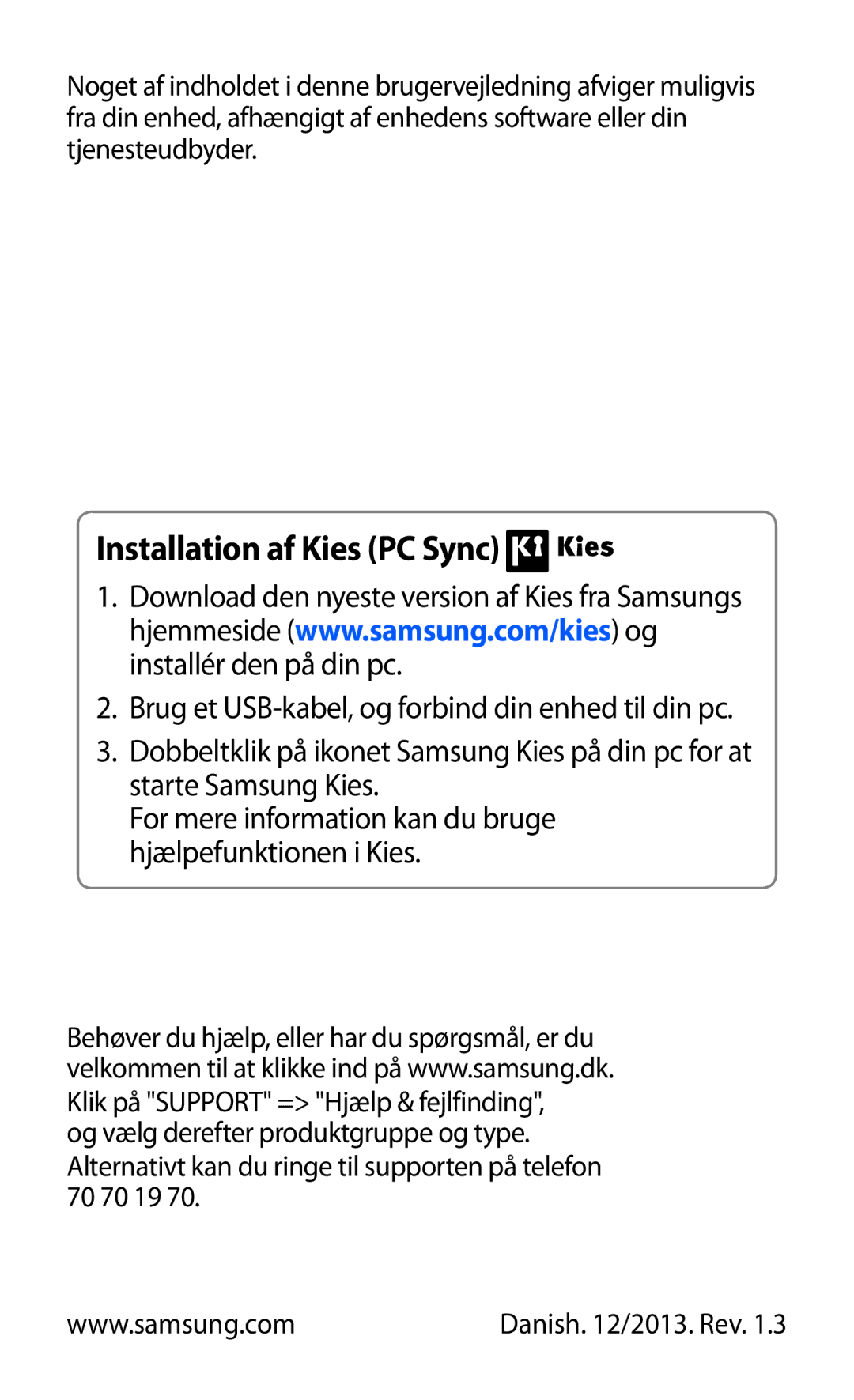 Samsung YP-GI1CW/NEE manual Installation af Kies PC Sync 