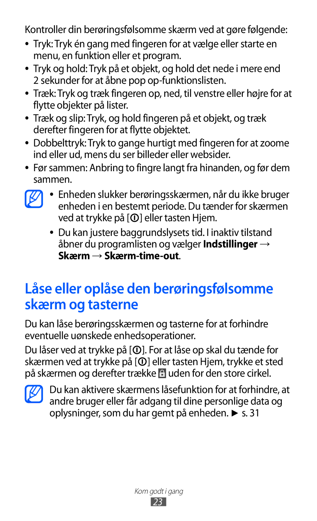 Samsung YP-GI1CW/NEE manual Låse eller oplåse den berøringsfølsomme skærm og tasterne, Skærm → Skærm-time-out 