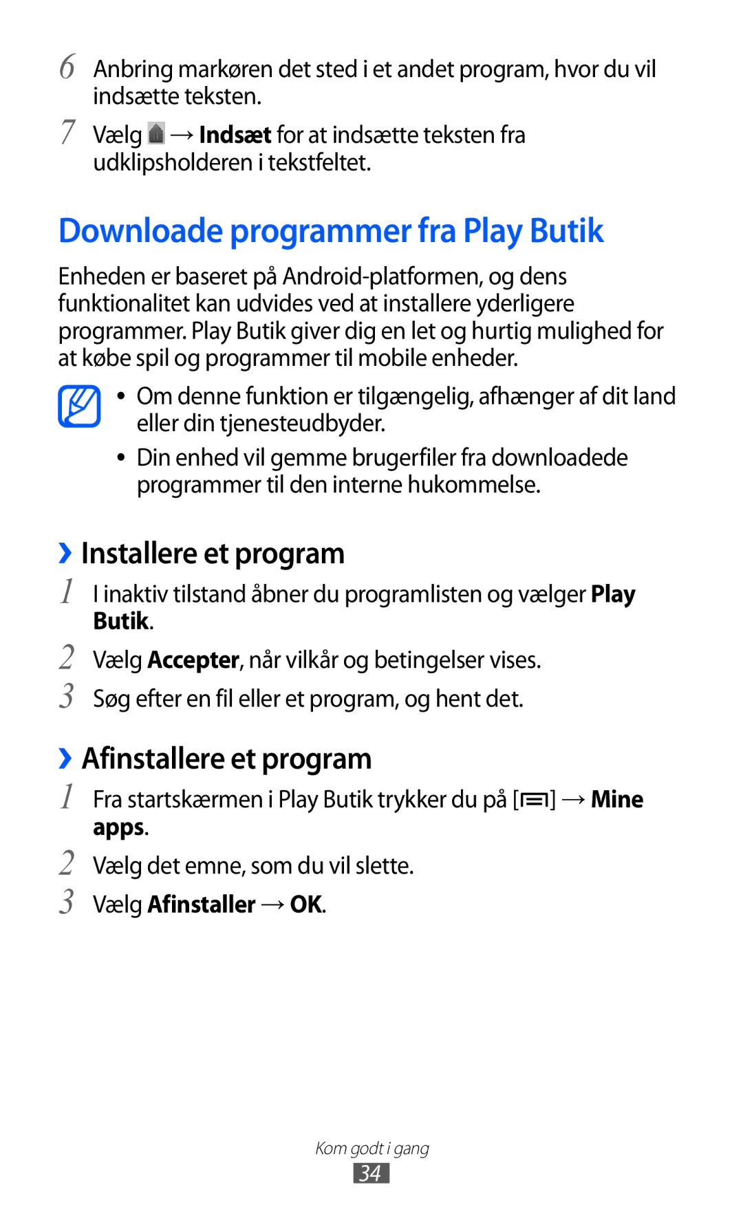 Samsung YP-GI1CW/NEE manual Downloade programmer fra Play Butik, ››Installere et program, ››Afinstallere et program 