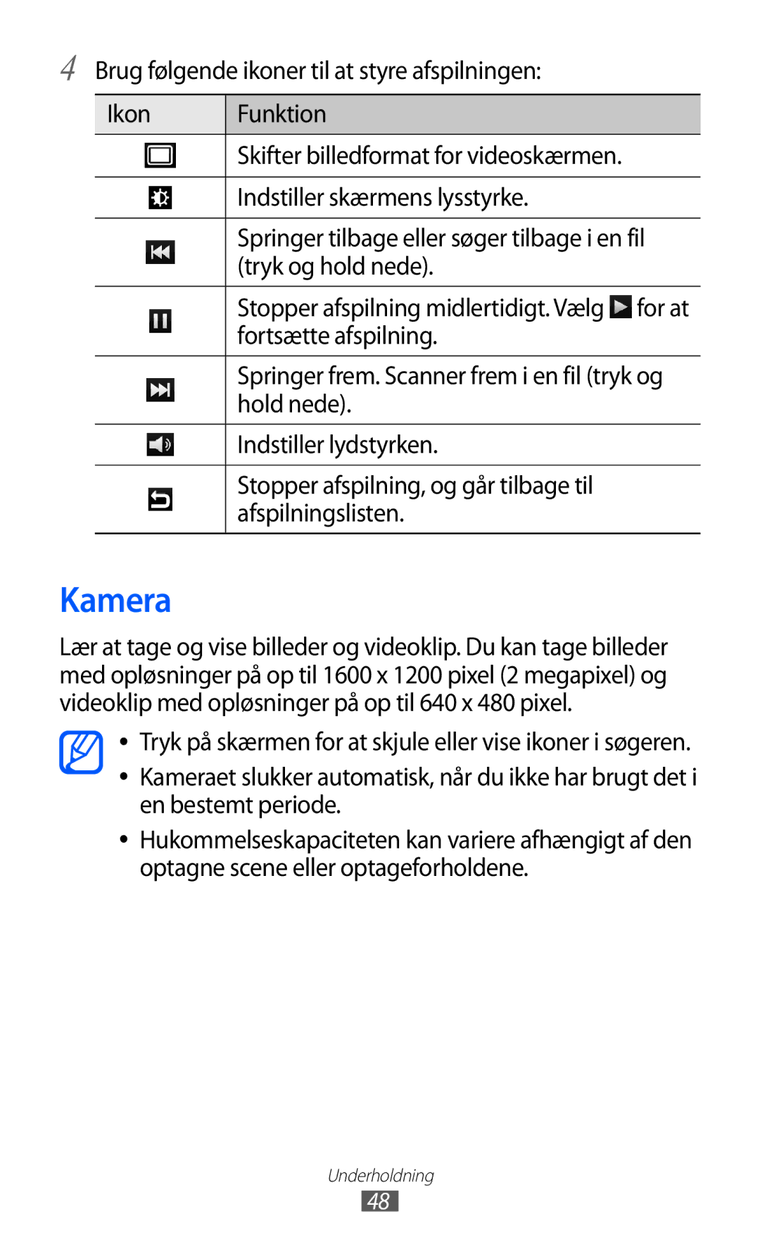 Samsung YP-GI1CW/NEE manual Kamera, Stopper afspilning, og går tilbage til, Afspilningslisten 