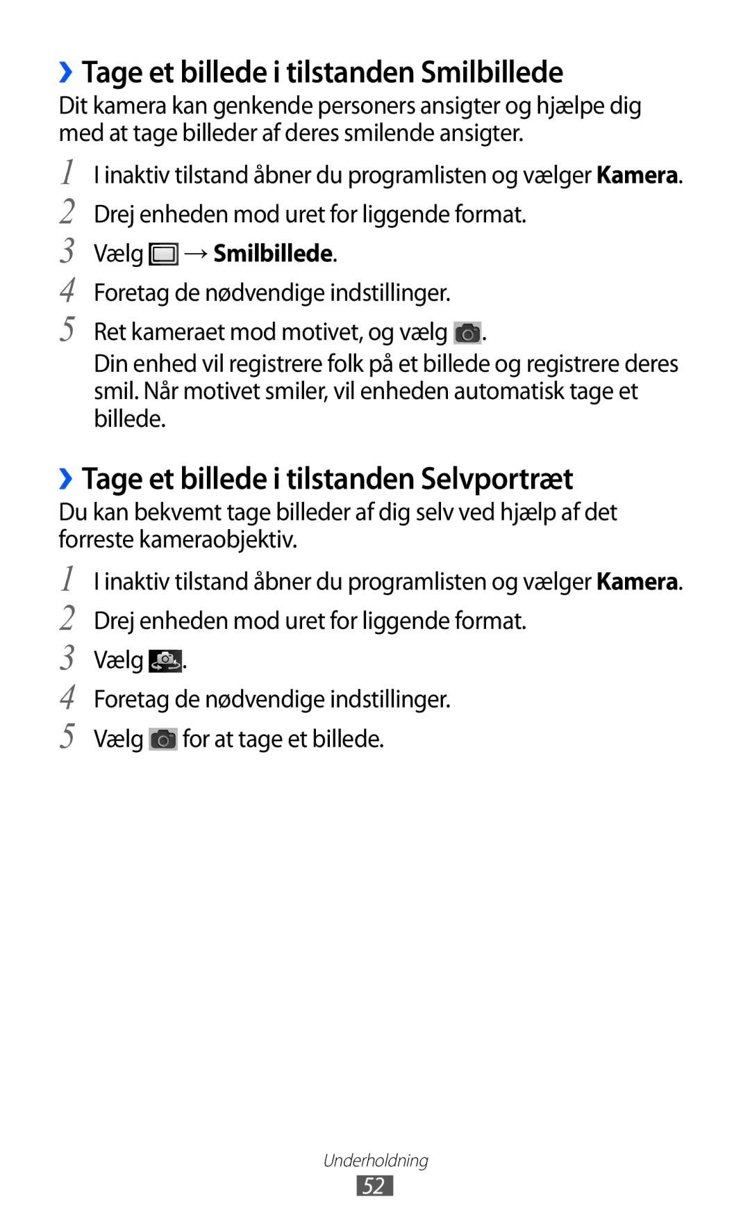 Samsung YP-GI1CW/NEE manual ››Tage et billede i tilstanden Smilbillede, ››Tage et billede i tilstanden Selvportræt 